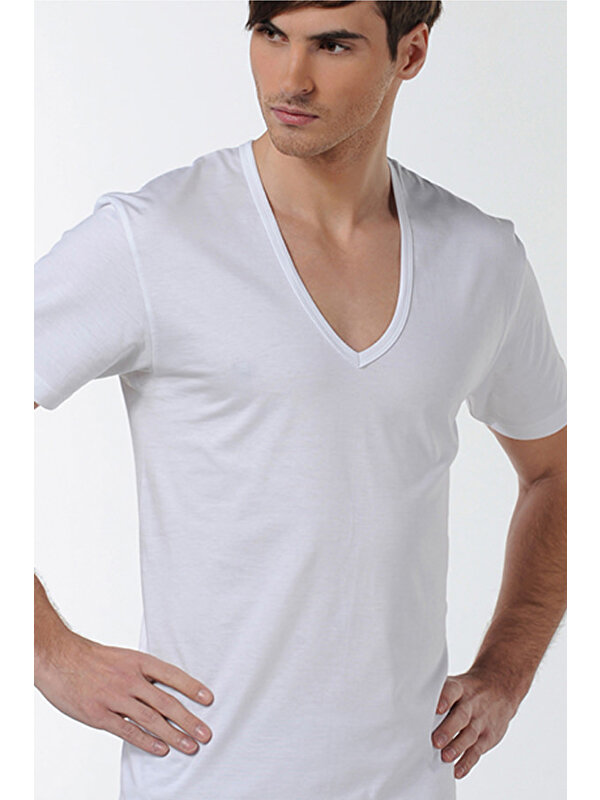 Çift Kaplan Erkek Derin V Yaka Beyaz T-Shirt 0936 12'li Paket