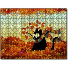 Cakapuzzle Sonbahar Atkılı Kara Kedi ve Fare Görseli 120 Parça Puzzle Yapboz Mdf (Ahşap)