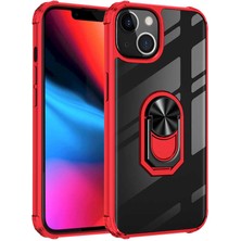 Case 4U Apple iPhone 13 Kılıf Armor Serisi Manyetik Yüzüklü Renkli Köşe Korumalı Şeffaf Silikon Mola Kırmızı