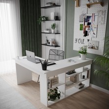 Robin Home Martin Kitaplık Raflı Çalışma Masası L Ofis Masası Beyaz (Raflar Sağda)
