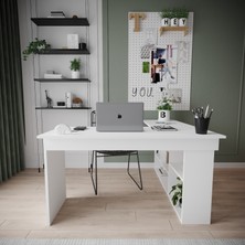 Robin Home Martin Kitaplık Raflı Çalışma Masası L Ofis Masası Beyaz (Raflar Sağda)