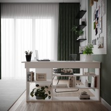 Robin Home Martin Kitaplık Raflı Çalışma Masası L Ofis Masası Beyaz (Raflar Sağda)