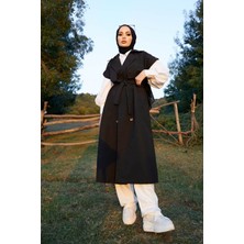 Bestenur Kolsuz Oversize Kuşaklı Trençkot  - Siyah