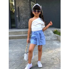 Quzucuk Kids Kız Çocuk Tek Omuzlu Bluz ve Mavi Şort Takımı