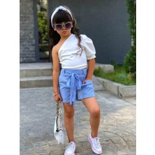 Quzucuk Kids Kız Çocuk Tek Omuzlu Bluz ve Mavi Şort Takımı