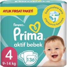 Prima Aktif Bebek Bezi 4 Beden Maxi 9-14 Kg 136lı Aylık Fırsat Paketi