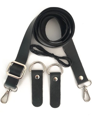 Alfa Tasarım Atölyesi Deri Çanta Sapı Gümüş Renk Aksesuarlı (120 Cm) - Siyah Rengi