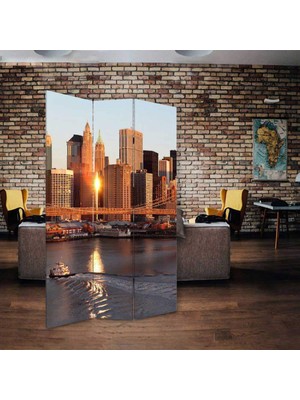 MonoStella New York Gün Doğumu 3 Kanatlı Oda Bölücü Çift Taraflı Kanvas Paravan