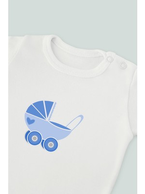 Kio Tasarım Bebek Eşyaları 7 Mavi Bebek Arabası Baskılı Bebek Body Zıbın Kısa Kollu Çıt Çıtlı Badi Pamuk