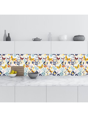 Sticker Art Mutfak Tezgah Arası Folyo Fayans Kaplama Folyosu Kelebek Çiçek 60 x 400 cm