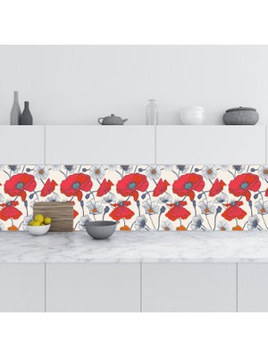 Sticker Art Mutfak Tezgah Arası Folyo Fayans Kaplama Folyosu Kırmızı Çiçek Çizim 60 x 400 cm