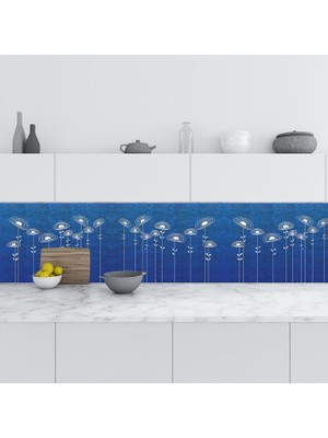 Sticker Art Mutfak Tezgah Arası Folyo Fayans Kaplama Folyosu Mavi Beyaz Çiçekler 60 x 400 cm