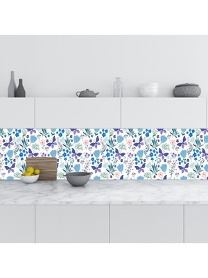 Sticker Art Mutfak Tezgah Arası Folyo Fayans Kaplama Folyosu Mavi Çiçek Kelebek 60 x 500 cm