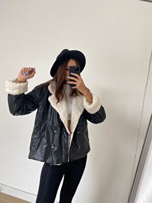 AÈC PRIVÈ Kadın Siyah Oversize Vintage Içi Kürklü Deri Ceket