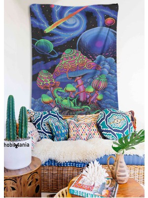 Hobimania Duvar Örtüsü Tapestry Mavi Mantar Psychedelic 150X200 cm Duvar Dekorasyon Moda