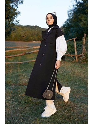 Bestenur Kolsuz Oversize Kuşaklı Trençkot  - Siyah