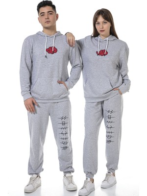 Vıshenka Unisex Anıme Baskılı 3 Iplik Kapüşonlu Kanguru Cepli Gri Renk Sweatshirt Takım