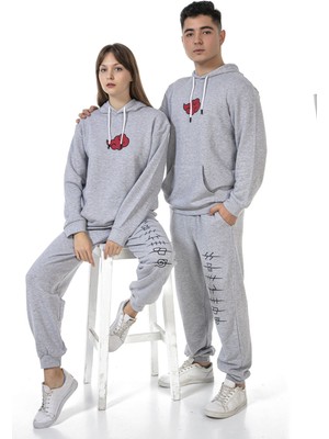 Vıshenka Unisex Anıme Baskılı 3 Iplik Kapüşonlu Kanguru Cepli Gri Renk Sweatshirt Takım