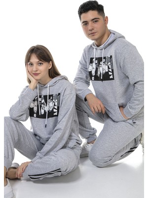 Vıshenka Unisex Anıme Karakter Baskılı 3 Iplik Kapüşonlu Kanguru Cepli Gri Renk Sweatshirt Takım