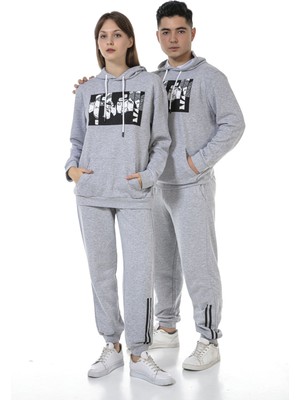 Vıshenka Unisex Anıme Karakter Baskılı 3 Iplik Kapüşonlu Kanguru Cepli Gri Renk Sweatshirt Takım