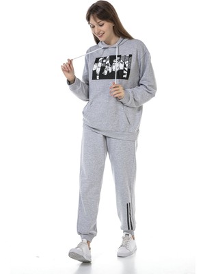 Vıshenka Unisex Anıme Karakter Baskılı 3 Iplik Kapüşonlu Kanguru Cepli Gri Renk Sweatshirt Takım