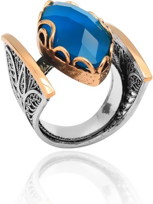 Midyat Nurtaş Gümüş Akuamarin Taşlı Sarmaşık Model Telkari Gümüş Yüzük