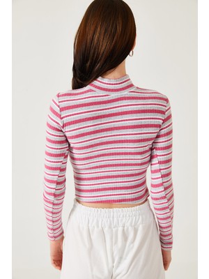 Oshebu Yarım Balıkçı Çizgili Crop Kazak