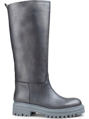 Deery Deri Metalik Gri Kadın Çizme