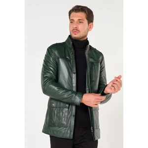 Atakgiyim  Deri Apoletli Fermuar ve Düğme Kapama Dik Yaka Yeşil Mont