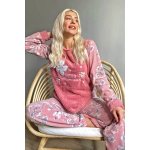 Pijama Evi Yaprak Desenli Kadın Peluş Pijama Takımı