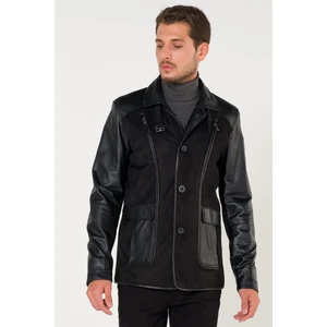 Atakgiyim  Deri Dik Kemerli Yaka Düğme Kapama Siyah Mont