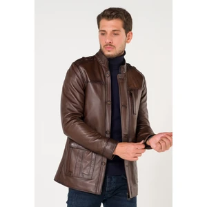 Atakgiyim  Deri Apoletli Fermuar ve Düğme Kapama Dik Yaka Kahve Mont