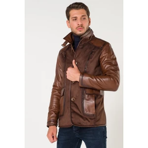 Atakgiyim  Deri Dik Kemerli Yaka Düğme Kapama Kahve Mont