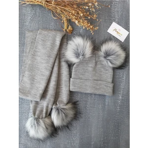 Pempem Bandana Kız Bebek Triko Ponponlu Atkı Bere Set