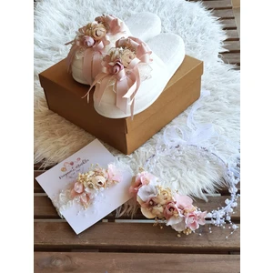 Rengarenk Minikler Somon Pembe Cicekli Lohusa Terlik, Taç ve Bebek Saçbandı (Hamile Lohusa Seti)