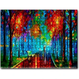 Ağaçlı Yol Yağmur Şemsiyeli Çift Yağlıboya 120 Parça Puzzle Yapboz Mdf (Ahşap)