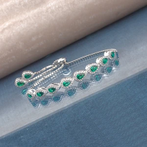 Ravza Gümüş 925 Ayar Gümüş Damla Zümrüt Taşlı Asansörlü Bileklik