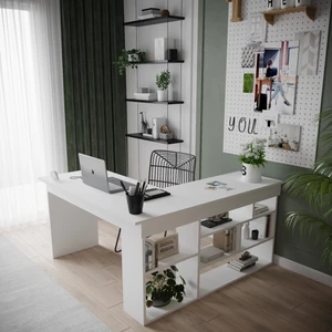 Robin Home Martin Kitaplık Raflı Çalışma Masası L Ofis Masası Beyaz (Raflar Sağda)