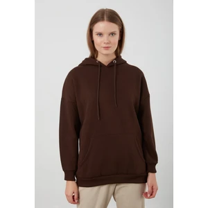 Tena Moda Kadın Kahve Üç İplik Kanguru Cepli Kapüşonlu Sweatshirt