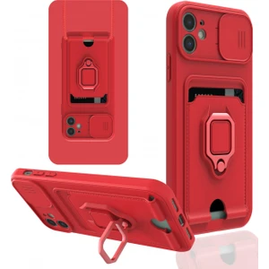 iPhone 11 Kılıf Ipli Lens Sürgülü Yüzüklü Silikon Zuma - Kırmızı