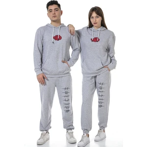 Vıshenka Unisex Anıme Baskılı 3 Iplik Kapüşonlu Kanguru Cepli Gri Renk Sweatshirt Takım