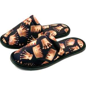 Unisex Siyah Taç Desenli Yumuşak Tabanlı Ev Terlik