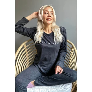 Pijama Evi Minimalist Baskılı Bambu Uzun Kol Kadın Pijama Takımı