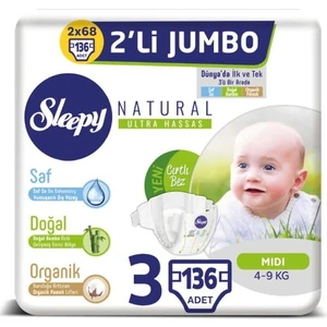 Natural Bebek Bezi 3 Beden Midi 2 x 2'li Jumbo 136'LI