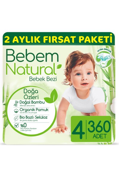 Bebem Natural Bebek Bezi 4 Beden Maxi 2 Aylık Fırsat Paketi 360 Adet