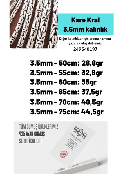 Osmanlı Gümüş 3.5mm Erkek 925 Ayar Gümüş Kolye Zincir Kare Kral Model 249540197