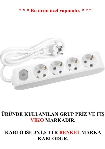 4'lü Anahtarlı Topraklı Çocuk Korumalı Grup Priz 8 Metre