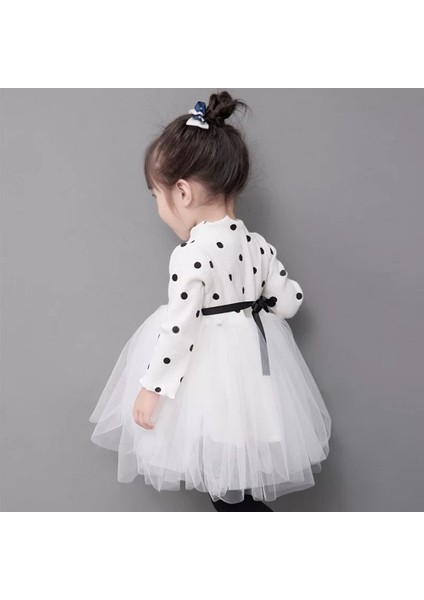 Linda Kız Bebek Çocuk Uzun Kol Elbise Puantiyeli Esnek Likralı Beyaz modelleri