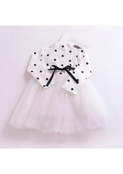 Linda Kız Bebek Çocuk Uzun Kol Elbise Puantiyeli Esnek Likralı Beyaz indirimleri
