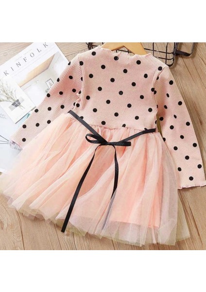 Linda Kız Bebek Çocuk Elbise Puantiyeli Uzun Kol Esnek Likralı Somon fırsatları
